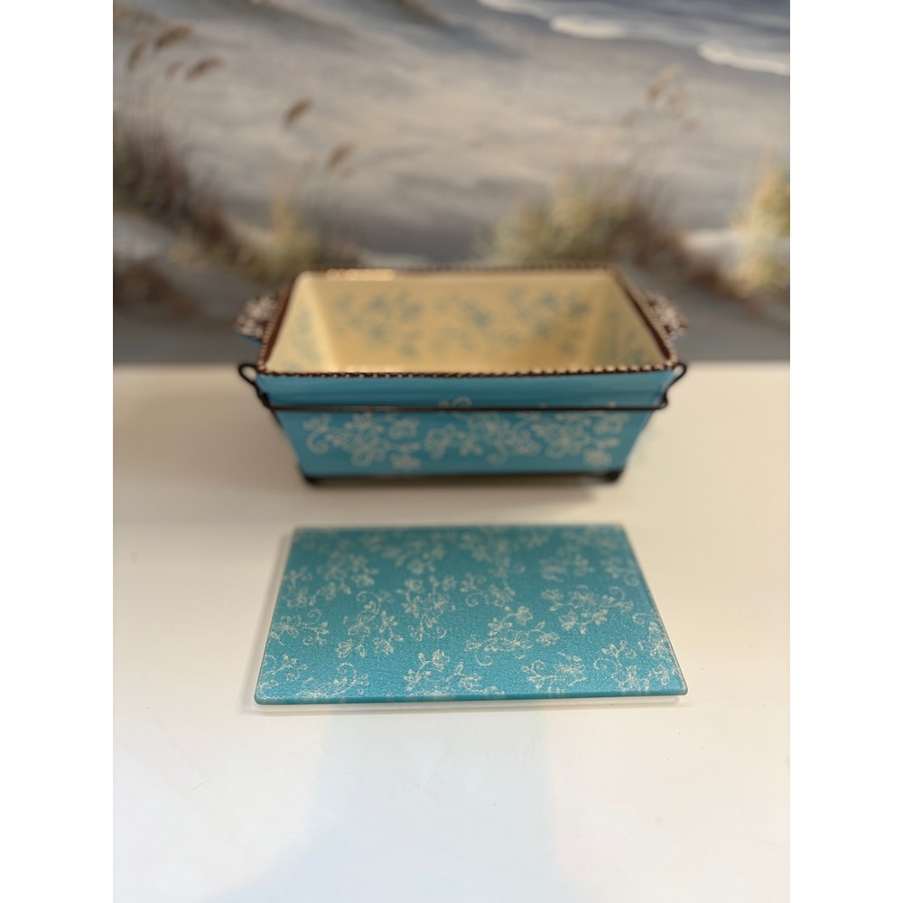Temp-tations Floral Lace 1.5QT Baker Light Blue Ceramic Dish with Rack & Trivet